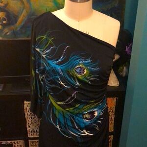 Bisou Bisou Sz8 one shoulder black diamond peacock dress. Blk cocktail mini